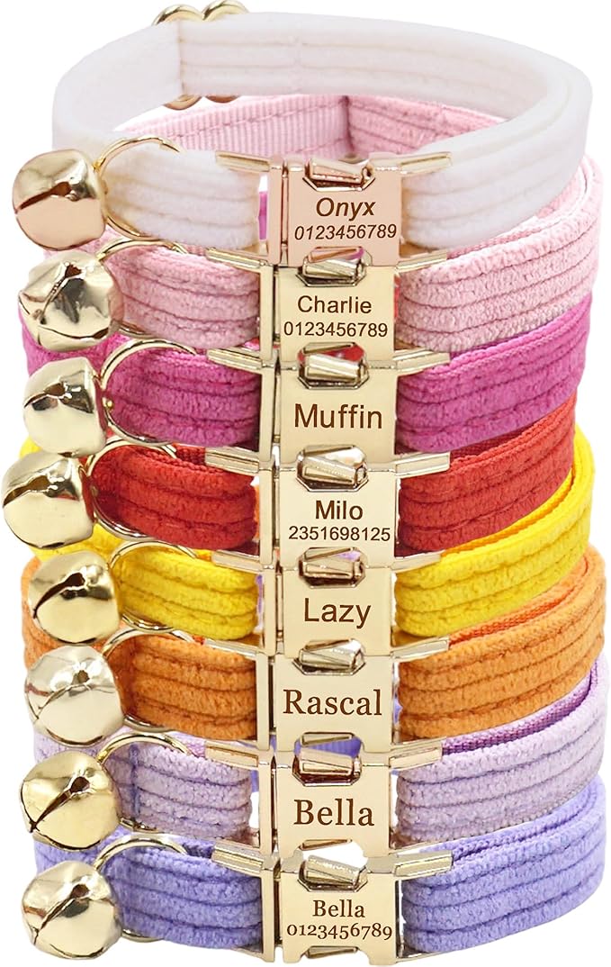 Cute Custom Cat Collar with Bells & Name Tag, Personalized Cat Collars for Girl & Boy Cats, Kitten Collar with Bell (Corduroy)