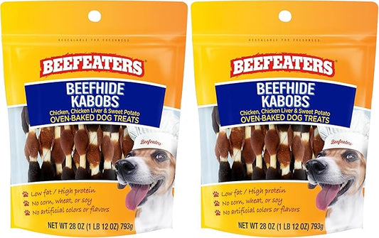 Beefeaters Beefhide Kabobs – Dog Treat. Triple Flavor with Real Chicken, Liver & Sweet Potato, Long-Lasting Chew, Supports Dental Health, Ideal for Training