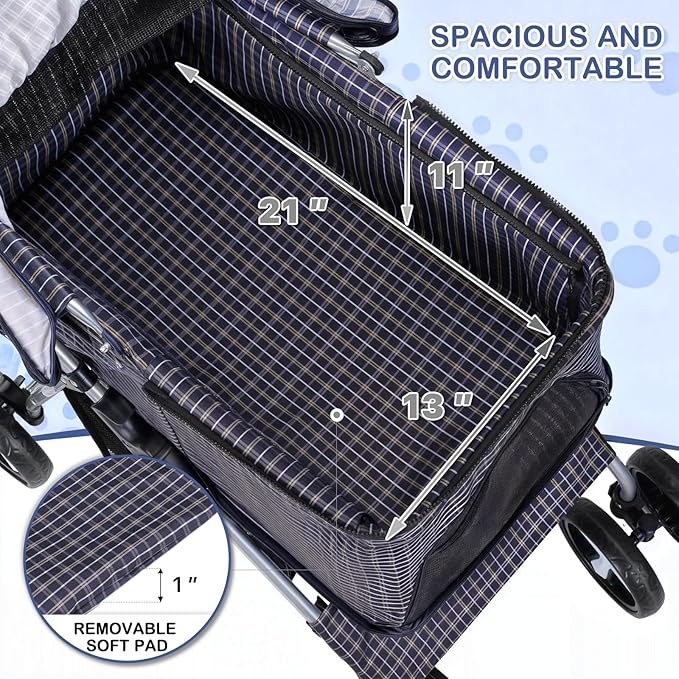 MoNiBloom 3 in 1 Foldable Pet Stroller for Small & Medium Dogs, Detachable Carrier, Car Seat, Push Button Entry, 4-Wheel Jogger for Pets up to 33 lbs, Plaid