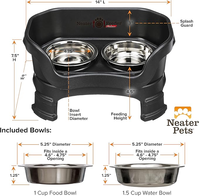 Neater Feeder Deluxe Mess Proof Cat Bowls Elevated for All Breeds – Made in USA – No Spill Raised Cat Bowls for Indoor Cats w/Leg Extensions – Stainless Steel Cat Food and Water Bowl Set - Black