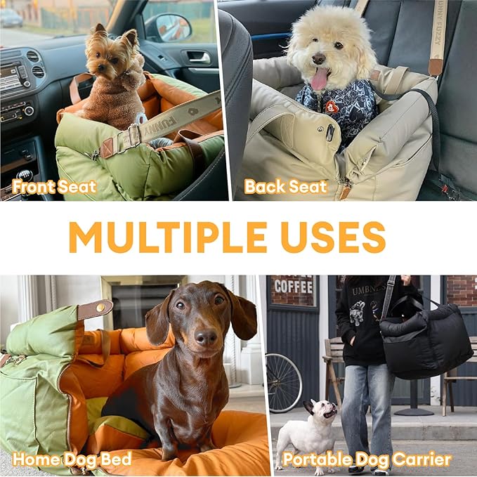 FUNNYFUZZY Dog Car Seat for Medium Sized Dogs, Waterproof 3 in 1 Soft Leather Dog Car Bed for Travel and Home,Portable and Safety,Fits Pets Up to 35 lbs(Green)