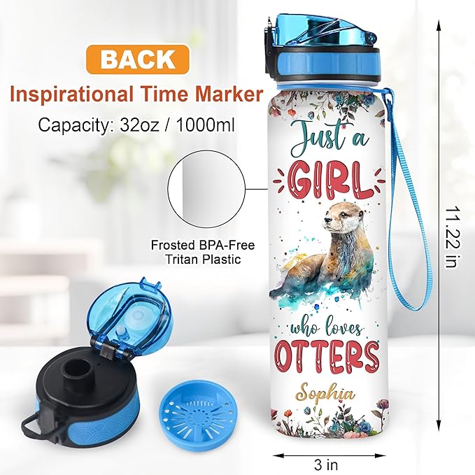 Hyturtle Personalized Otter Lovers 32 Oz 1Liter Motivational Water Bottle With Time Marker, Just A Girl Who Loves Otters, Animal Lovers Gifts For Women, Girl On Birthday, Christmas