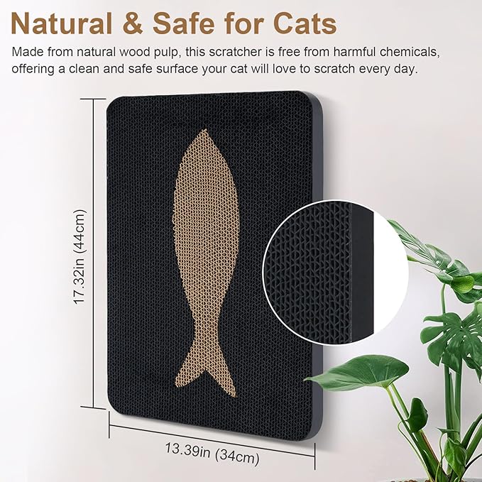 Ownpets Wall Cat Scratcher, Cute Vertical Cat Scratching Board, Wall Mounted Cat Scratch Pad for Wall, Glass, Wood, and Tile, Furniture Protector, Fish Print Black