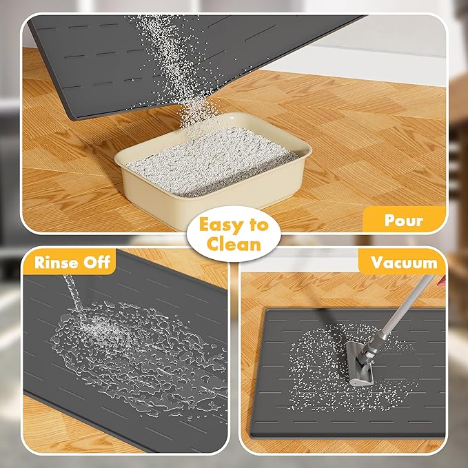 Pieviev Silicone Cat Litter Trapping Mat, 34''x22'' Large Cat Litter Mat, Easy to Clean & Soft on Kitty Paws, Waterproof Kitty Litter Pads for Indoor Cats, Dark Grey