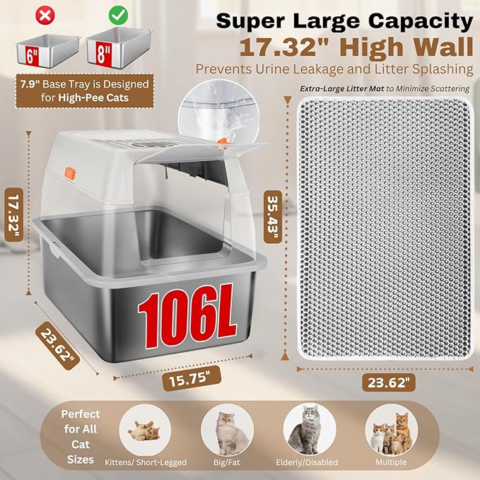 Fully Enclosed XXL Stainlessss Steel Litter Box with Lid, 8" Deep Pan, Large Stainless Steel Cat Litter Box for Big Cat with Scoop, Step Board, Mat, Brush, Odor-Free, Anti-Leak, Non-Stick (White)