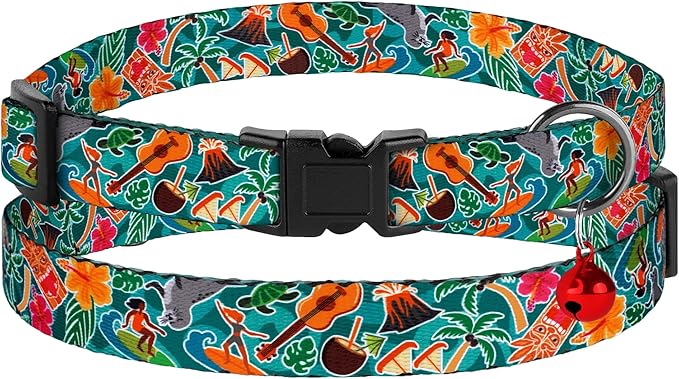 4PCS Breakaway Cat Collars with Bell - Cute Soft Adjustable Safety Kitten Collars 4-Pack - Nylon Pet Collars Nature Tribal Striped Floral Space Aztec Flowers Print (Travel & Cookies)