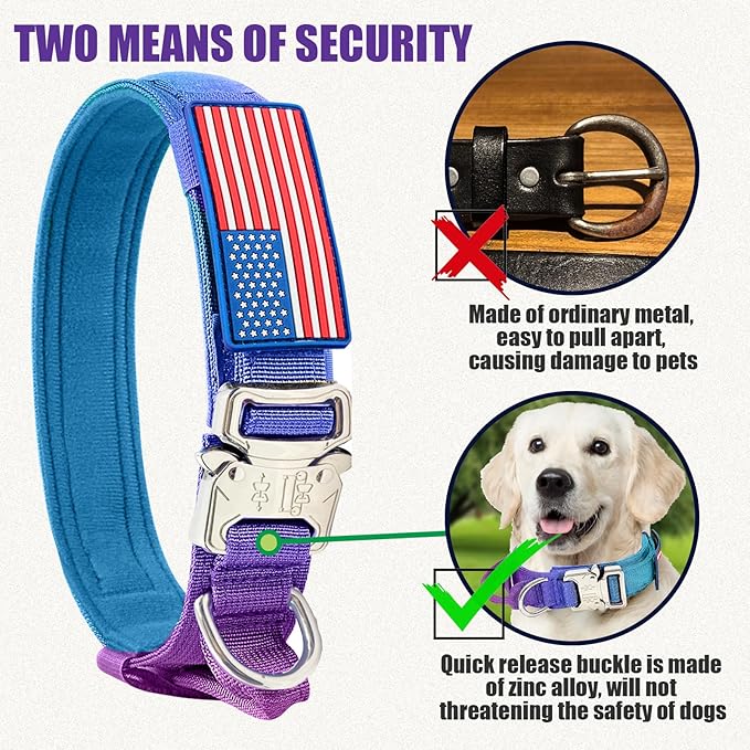 Tactical Military Dog Collar - Adjustable Nylon, Heavy Duty Metal Buckle with Handle for Dog Training, Patches (Gradient 1, XL)