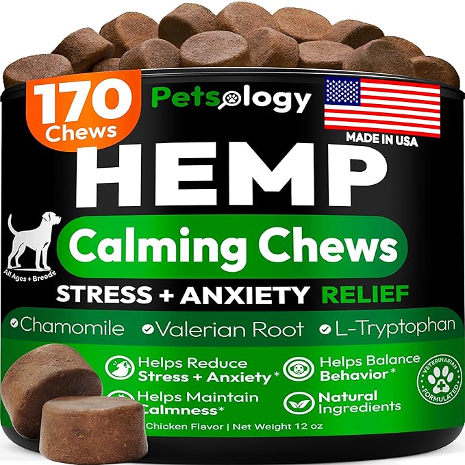 Hemp Calming Chews for Dogs - 170 Dog Calming Chews - Anxiety Relief Treats - Advanced Stress Relief Supplement, Separation Aid, Barking, Fireworks, Melatonin - Hip & Joint Support - Made in USA