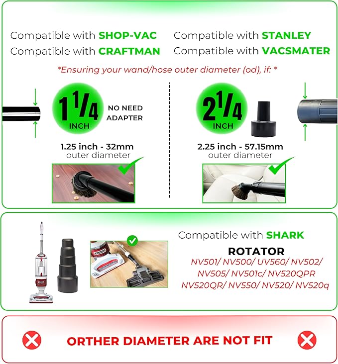 1-1/4'' Vacuum Brush Attachment for Shop Vac Accessories with 2 1/2" to 1 1/4" Adapter : Premium Soft Horsehair Round Dust Brush for Vacuuming Sofas, Furniture Surface and Baseboards