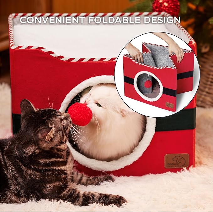 Bedsure Cat Beds for Indoor Cats - Large Cat Cave for Pet Cat House with Fluffy Ball Hanging and Scratch Pad, Foldable Cat Hideaway, 16.5x16.5x13 inches,Red