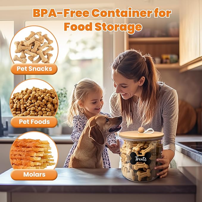 2 Pack Airtight Dog Food Storage Container, Dog Treat Container Dog Food Container with bamboo Lids 6x5'',Pet Food Storage Container,Cat Food Container with Scoops,Clamp,Labels,Pen