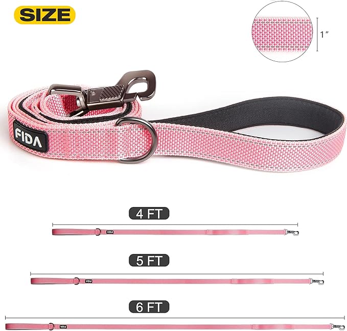 Fida 4 FT Heavy Duty Dog Leash with 2 Comfortable Padded Handles, Traffic Handle & Advanced Easy Snap Hook, Reflective Walking Lead for Large, Medium & Small Breed Dogs, Pink