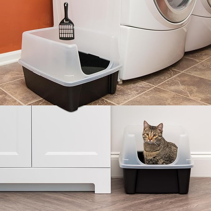 IRIS USA 2 Pack Large Open Top Cat Litter Box with High Sides, Scatter Shield & Scoop, Black, for Indoor Cats, Kittens or Multicat Homes