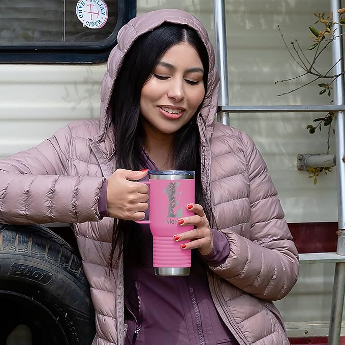 LaserGram 20oz Vacuum Insulated Travel Mug with Handle, Chihuahua Dog, Personalized Engraving Included (Pink)