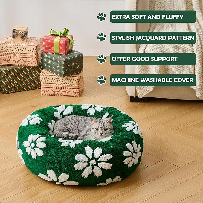 Donut Dog Beds for Small Dogs, Calming Round Cat Beds for Indoor Cats, Cute 3D Textured Flower Pet Bed with Removable Washable Cover and Anti-Slip Bottom（Green，20"）