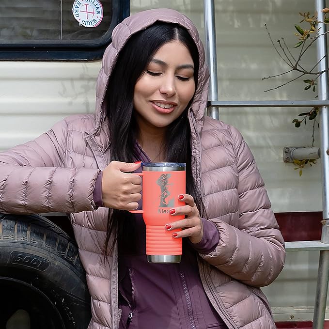 LaserGram 20oz Vacuum Insulated Travel Mug with Handle, Chihuahua Dog, Personalized Engraving Included (Coral)