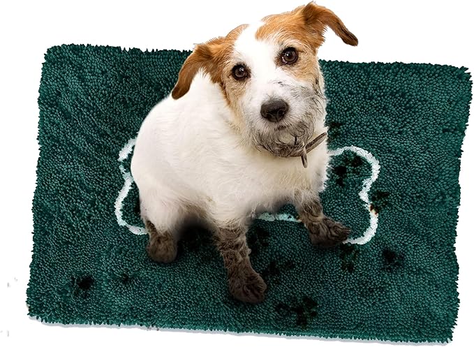 Soggy Doggy Doormat with Bone Design - Ultra Absorbent Microfiber Chenille Wet Dog Mat for Muddy Paws - Non-Slip and Machine Washable (Evergreen/Oatmeal Bone, Large 26” x 36”)