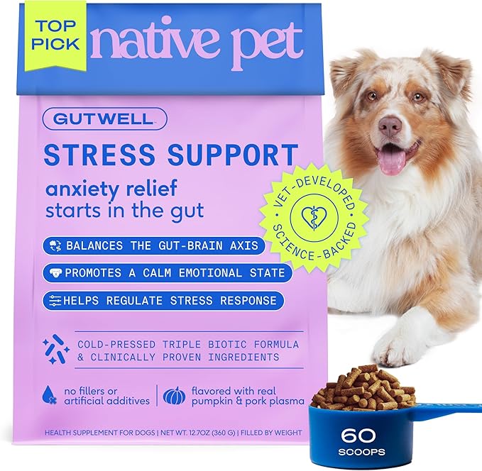 GutWell Stress Support - Dog Anxiety Relief & Calming Treats - Tasty Food Topper for Dog Stress and Anxiety Relief - Support Gut-Brain Axis with Triple-biotic Blend & Magnesium - 60 Scoops