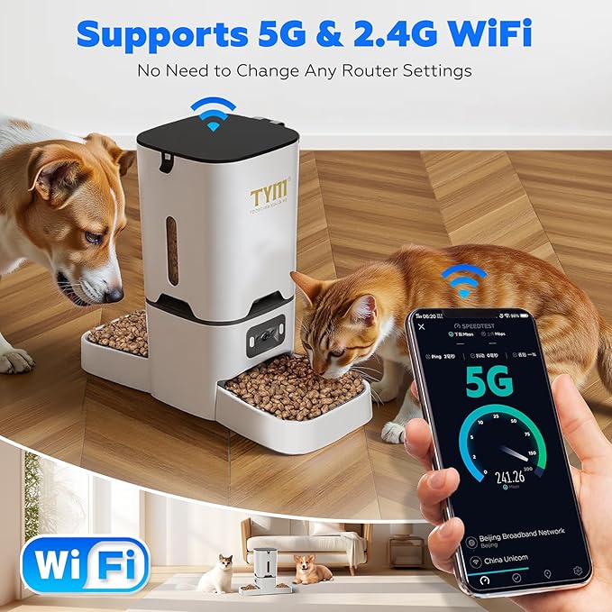 TYM Automatic Cat Feeder with 2 Camera for 2 Cats,7L Dog Automatic Feeder with Night Vision 2K 4MP 5G WiFi Dual Cat Feeder with Smart App Two-Way Audio Privacy Masking-Stainless Steel