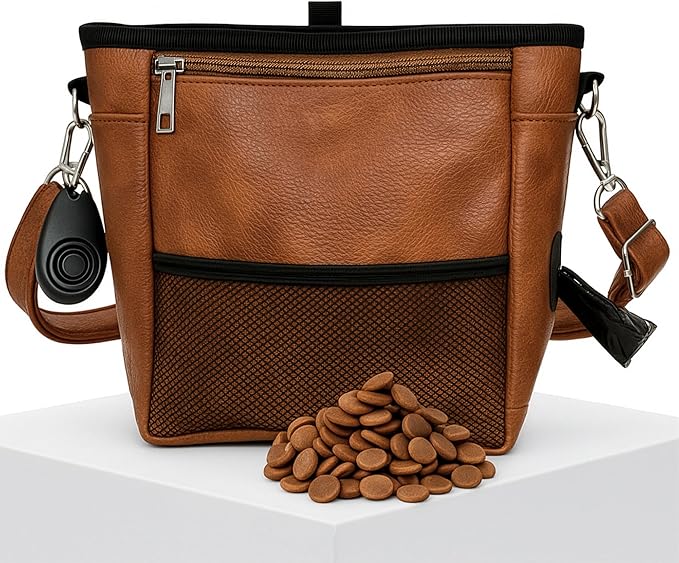 Large Dog Treat Pouch PU Leather with Clicker, Magnetic Clasp, Fits All Phones, 4 Cups, Hands-Free Pouches for Dog Training Treat Pouch, Built in Poop Bag Holder