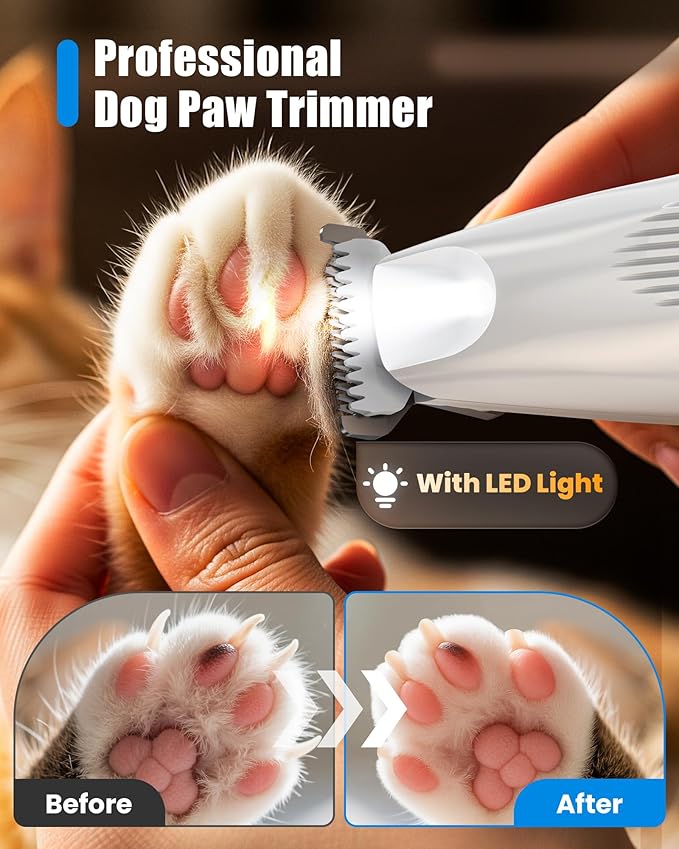 Professional Dog Paw Trimmer with LED Light, New Upgraded 35dB Low-Noise Pet Paw Trimmers for Dog's Feet, 2-Speed Electric Paw Cleaner Grooming Clippers for Dogs, Cats'Paws, Ears, Face (Milk White)