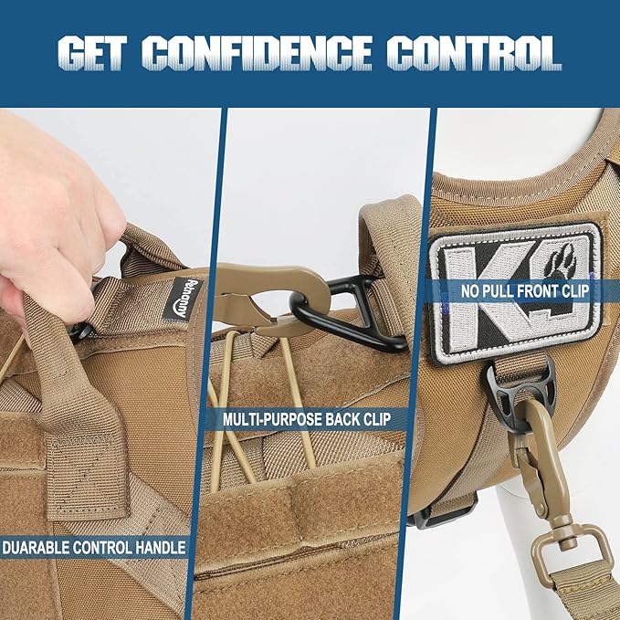 PETNANNY Tactical Service Dog Vest - No-Pull Emotional Support Harness with Hook & Loop Patches & Molle System for Training & Hunting (Khaki, Medium)