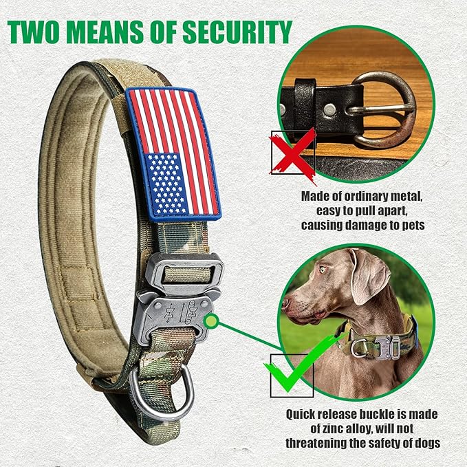 Tactical Nylon Collar - Heavy Duty Metal Buckle with Handle for Dog Training, with Patches (Camo, M)