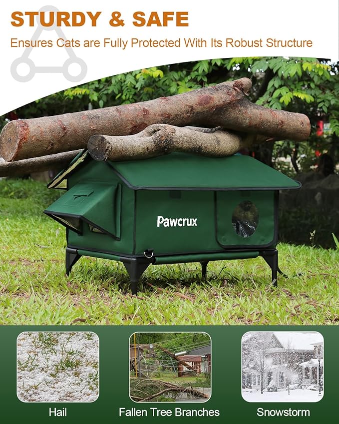 100% Waterproof Heated Cat House for Outdoor with Safe Escape Door, Heated Cat Bed Weatherproof Cat Shelter Kitty with Cat Heating Pad, Insulated Warm House for Feral Cat (Green, L)