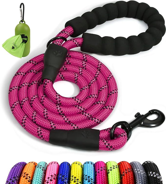 Taglory Rope Dog Leash 5 FT with Comfortable Padded Handle, Highly Reflective Threads Leash for Medium Large Dogs, 1/2 inch, Hotpink