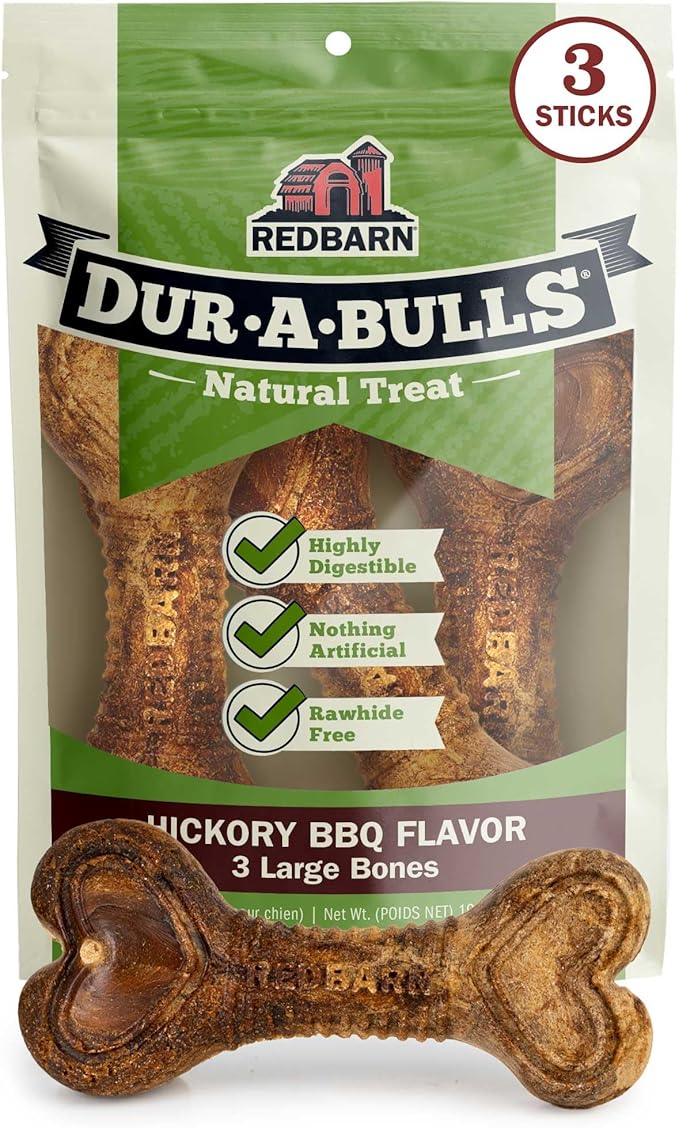 Redbarn Natural Dur-A-Bulls Treats for Dogs - 3 Large Bones - Hickory Flavor - Made in USA Long Lasting 100% Digestible No Artificial Ingredients or Plastic