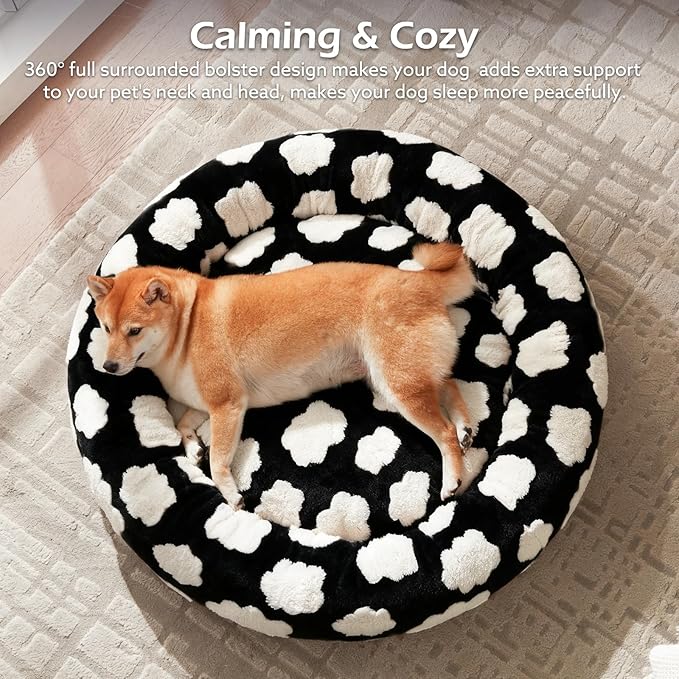 JOEJOY Donut Cat Beds for Indoor Cats, Round Calming Small Dog Bed with Removable Washable Cover, Orthopedic Cute Puppy Kitten Pet Bed with Jacquard Shaggy Plush & Non Skid Bottom, Black