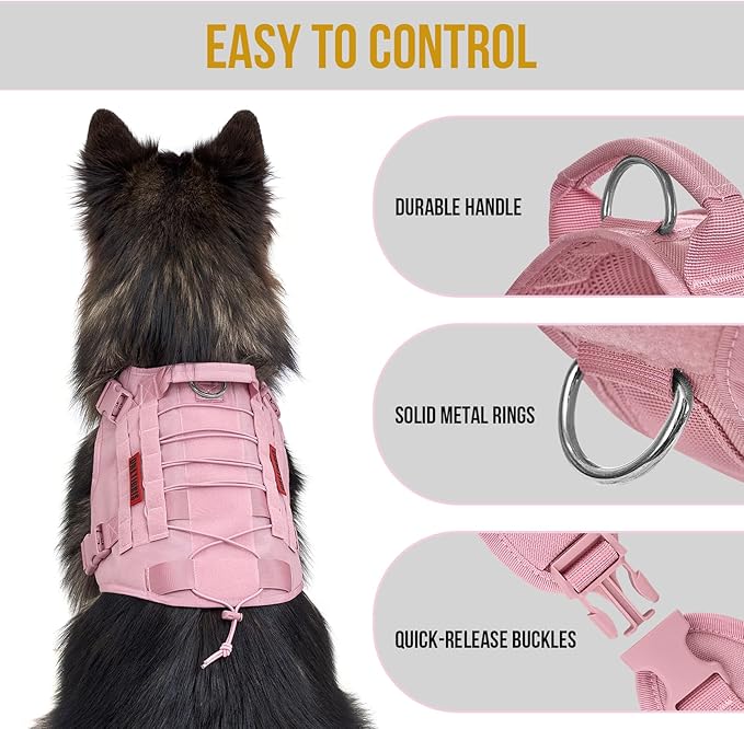 OneTigris Tactical Dog Harness Vest,No-Pull Service Dog Vest with Hook & Loop Panels,Adjustable Dog Vest Harness for Walking Hiking Training(Pink,S)