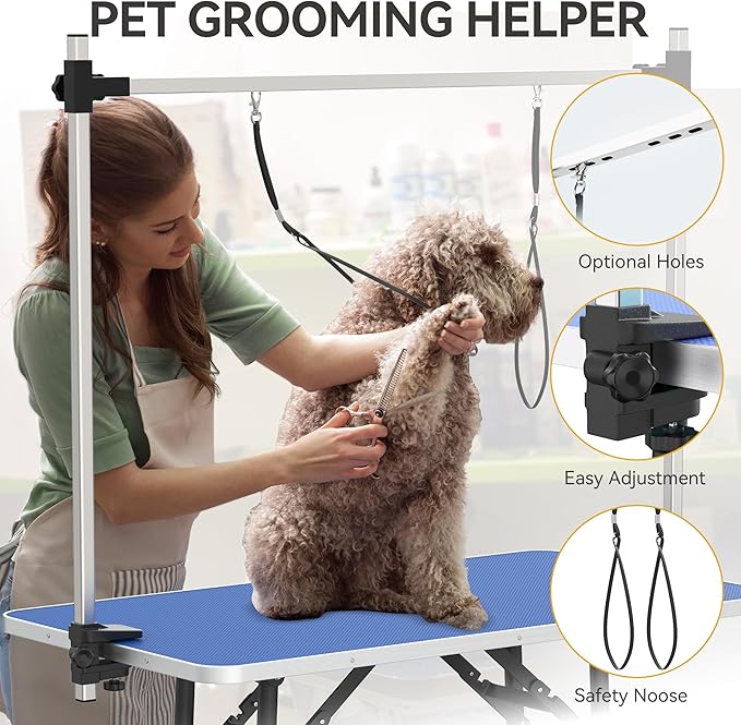 DWVO 46'' Dog Grooming Table, Foldable Pet Grooming Table with Adjustable Arm, Loop, and Mesh Tray, Non-Slip Portable Dog Bathing Station, Blue