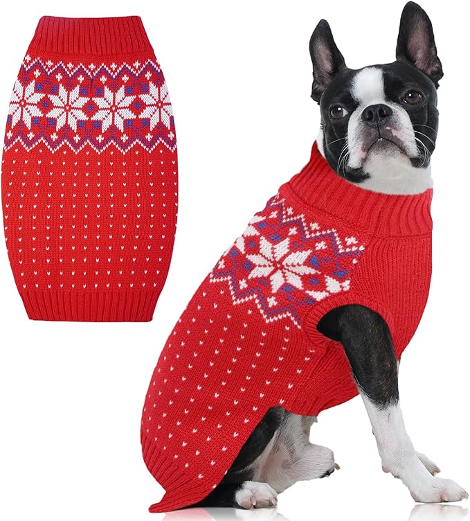 FUAMEY Dog Christamas Sweater, Warm Dog Sweater Classic Snowflake New Year Turtleneck Sweaters Knitwear Cold Weather Dogs Pullover for Small Medium Dogs Puppies & Cats Bulldogs Corgi with Leash Hole