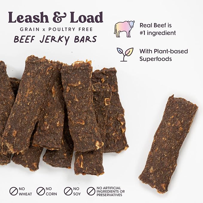 Leash & Load Dog Treats Beef Jerky Snack Bars, 5 oz Bag, Puppy and Training Treats, Natural Superfood Grain Free Made with Real Beef, Superfoods, Corn, Poultry & Soy Free