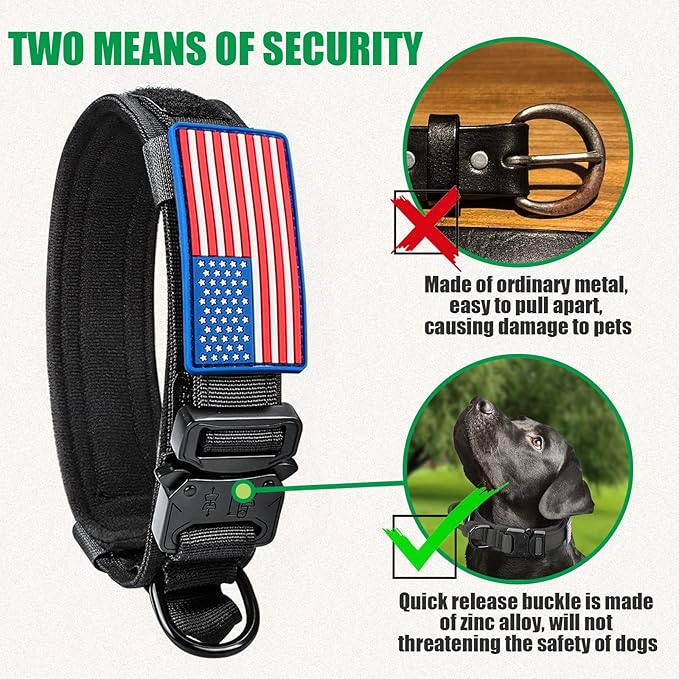 Tactical Military Collar - Adjustable Nylon, Heavy Duty Metal Buckle with Handle for Dog Training, with Patches (M, Black)