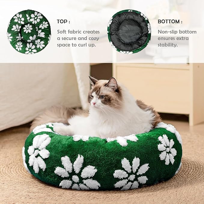 Donut Dog Beds for Small Dogs, Calming Round Cat Beds for Indoor Cats, Cute 3D Textured Flower Pet Bed with Removable Washable Cover and Anti-Slip Bottom（Green，20"）