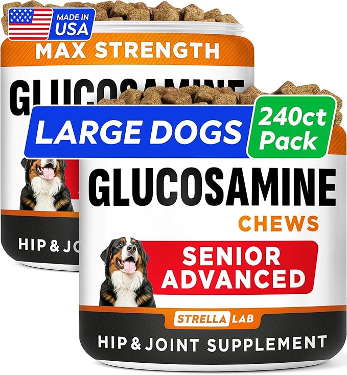 Senior Advanced Glucosamine Joint Supplement for Dogs - Hip & Joint Pain Relief - Small + Large Breeds -Omega-3 Fish Oil - Chondroitin, MSM- Mobility Soft Chews for Older Dogs - Chicken Flavor - 240Ct