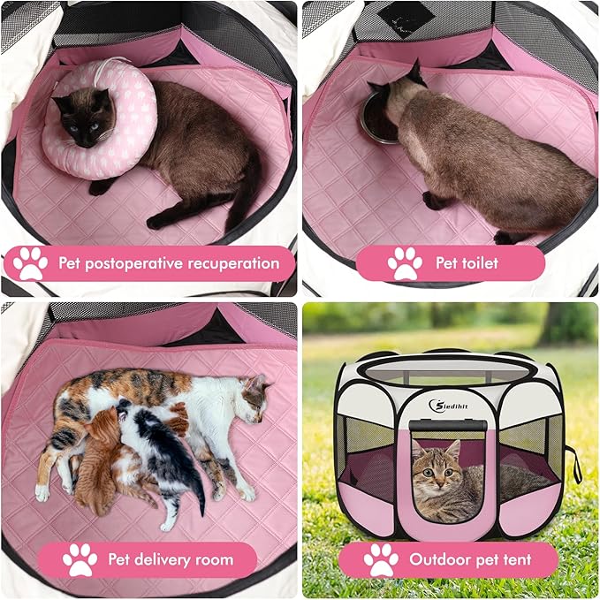 Dog Cat Playpen, Puppy Pet Playpen Indoor for Small Dog Crate Tent Cage Outdoor, Portable Pop Up Dogs Enclosure Kennel with Carrying Case for Dogs/Cats/Rabbits(Pink, Small with pad)