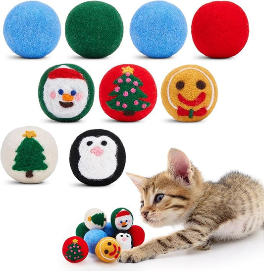 FOFOS Wool Cat Balls 9 Pcs Christmas Cat Toys Balls Hand Felted Wool Cat Toys Kitten Exercise Toys for Indoor Cats 1.7 Inches