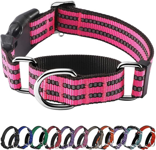 Hikiko Martingale Dog Collars Reflective Nylon Dog Collar with Quick Release Buckle Adjustable Training No Slip Dog Collar (Large, Hot Pink)