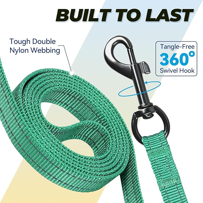 VIVAGLORY Twingrip Dog Leash, Double Handle Dog Leash for Training & Walking with Traffic Handle & 2 Loop, Traffic Control Reflective Heavy Duty for Puppy Pet, 6ft x 1/2in, Turquoise
