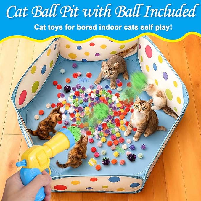 219PCS Cat Ball Pit with Balls, Interactive Toy for Indoor Bored Cats with Ball Launcher, Jingle Balls, Crinkle Balls, Springs, Pom Pom Balls, Cat Enrichment Toys, Kitten Toys for Self Playing