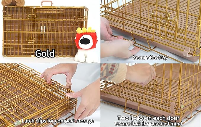 HOMEY PET Copper Gold Dog Crate 30 Inch, Portable Folding Metal Wire Dog Kennel Pet Dog Cage with Removable Floor Grid, Pull Out Pan, Double Doors, Handle for Medium-Small Breed Dogs Indoor Travel