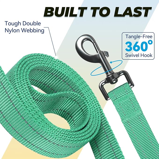 VIVAGLORY Twingrip Dog Leash, Double Handle Dog Leash for Training & Walking with Traffic Handle & 2 Loop, Traffic Control Reflective Heavy Duty for Puppy Pet, 6ft x 1in, Turquoise