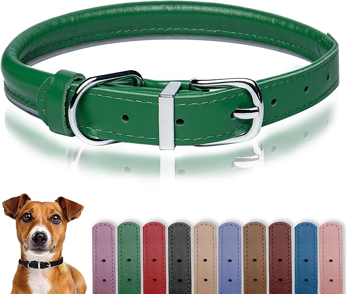 OOPSDOGGY Rolled Leather Dog Collar Reflective Roll Collars for Small Medium Large Dogs Puppy (Green, L, 14'' - 18'')