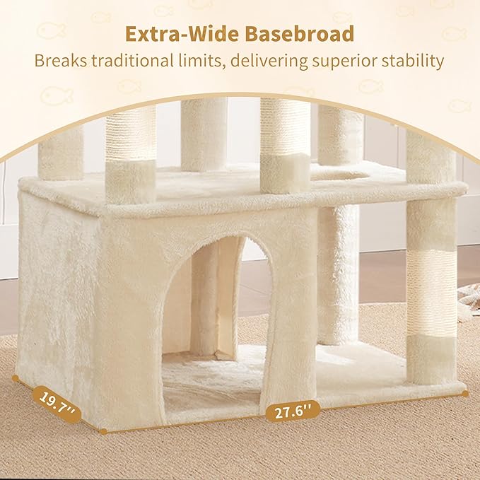 Heybly Cat Tree, 71-Inch Tall Cat Tower for Large Maine Coon Cats with Extra-Large Baseboard, Cat Condo Furniture with Multi-Level Platforms, 2 Hammocks and 12 Scratching Posts, Beige HCT037M