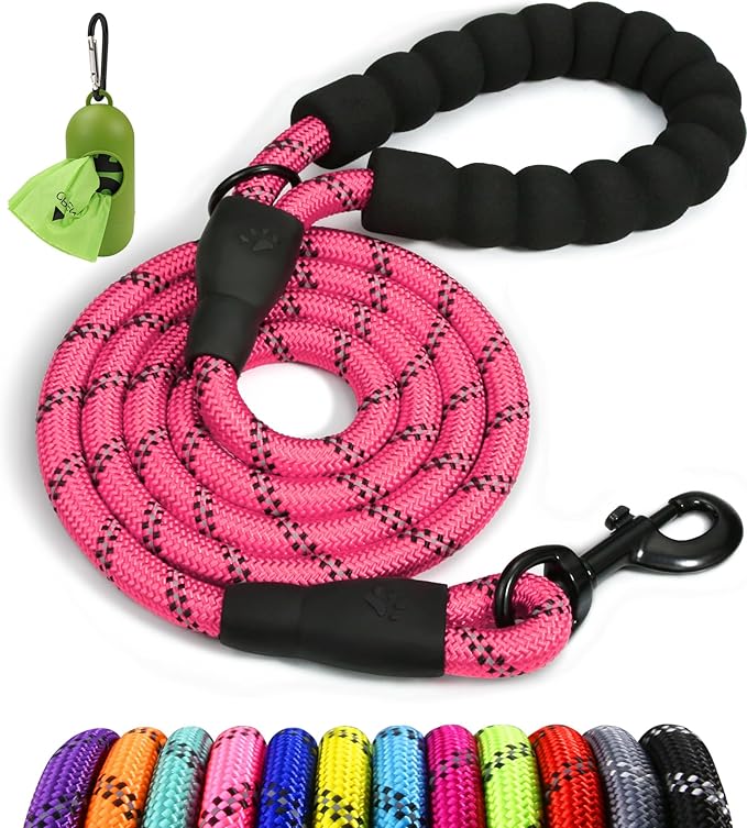 Taglory Rope Dog Leash 4 FT with Comfortable Padded Handle, Highly Reflective Threads Leash for Medium Large Dogs, 1/2 inch, Pink