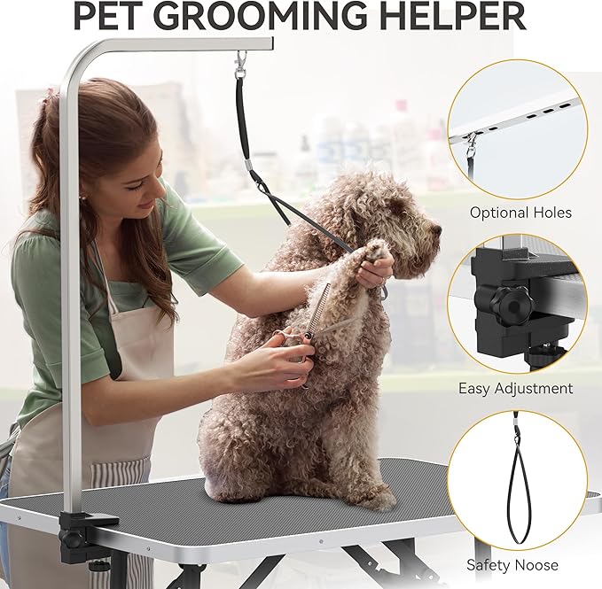 DWVO 36'' Dog Grooming Table, Foldable Pet Grooming Table with Adjustable Arm, Loop, and Mesh Tray, Non-Slip Portable Dog Bathing Station, Black