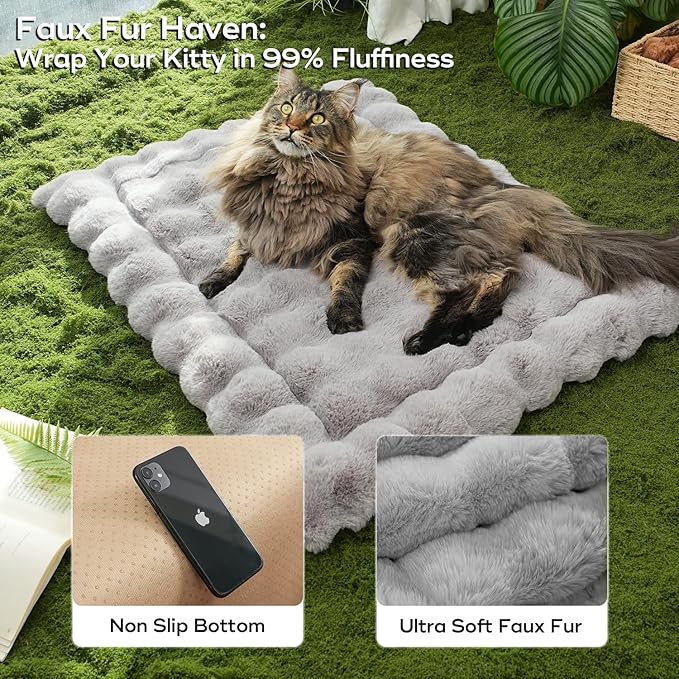 Dog Beds Mat Cute Cat Beds for Indoor Cats Faux Fur Pet Pad with Non-Slip Bottom Plush Kitten Bed for Carriers/Sofa Puppy Washable 27 x 20 Inch Large Grey